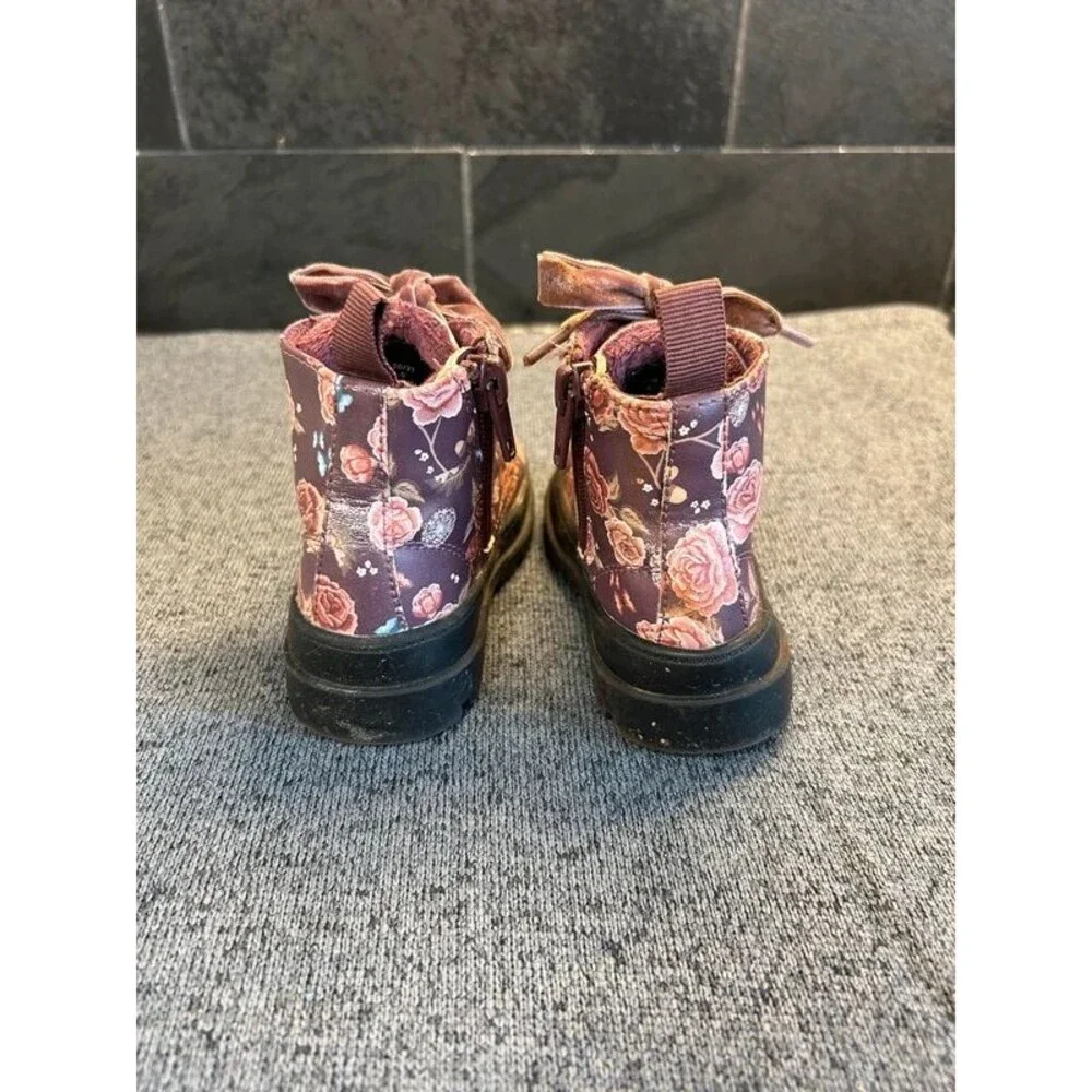 H&M Girls Velvet Plum Floral Combat Boots